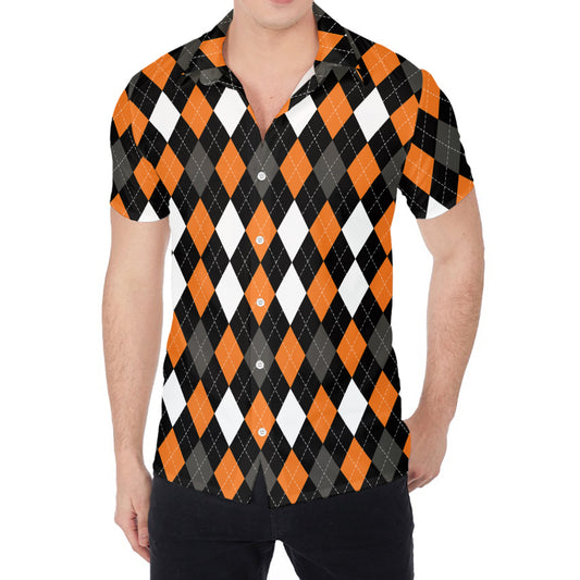 Orange Black Grey And White Argyle Print Men's Shirt