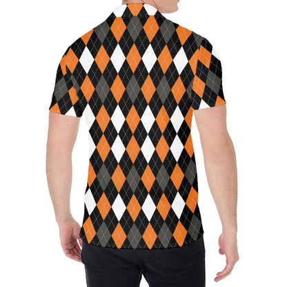 Orange Black Grey And White Argyle Print Men's Shirt