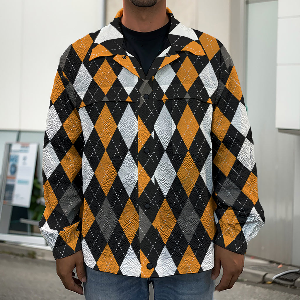 Orange Black Grey And White Argyle Print Men's Shirt Jacket