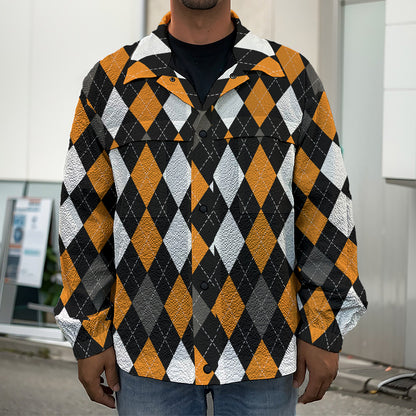Orange Black Grey And White Argyle Print Men's Shirt Jacket
