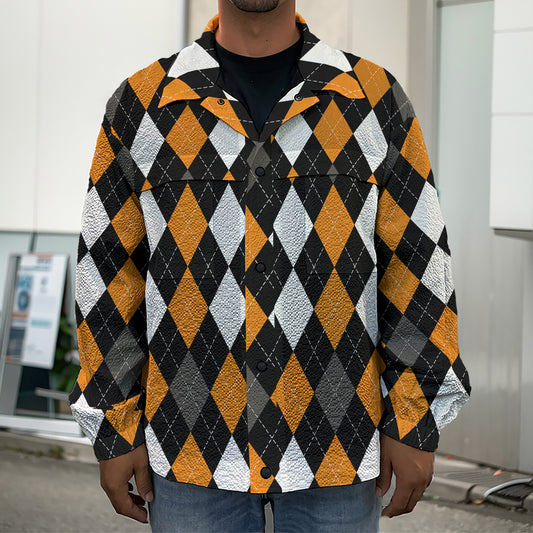 Orange Black Grey And White Argyle Print Men's Shirt Jacket