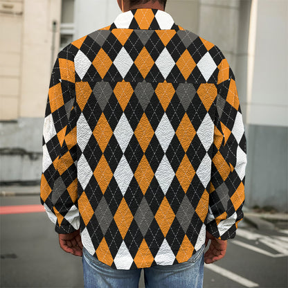 Orange Black Grey And White Argyle Print Men's Shirt Jacket