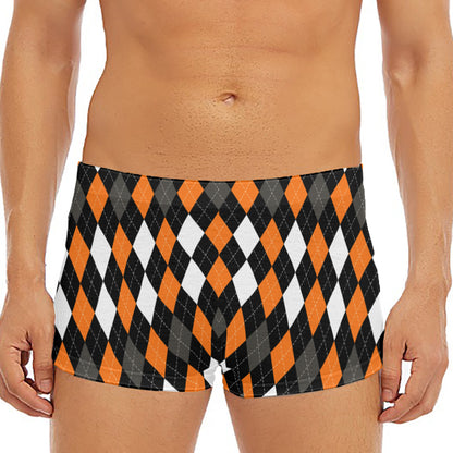 Orange Black Grey And White Argyle Print Men's Short Boxer Briefs