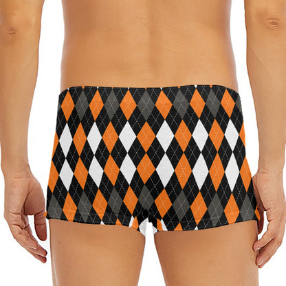 Orange Black Grey And White Argyle Print Men's Short Boxer Briefs
