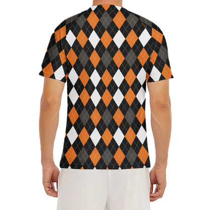 Orange Black Grey And White Argyle Print Men's Short Sleeve Rash Guard