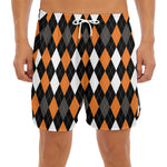 Orange Black Grey And White Argyle Print Men's Split Running Shorts