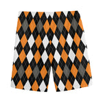 Orange Black Grey And White Argyle Print Men's Sports Shorts