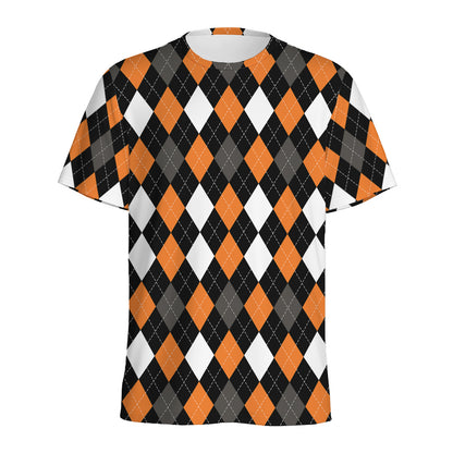 Orange Black Grey And White Argyle Print Men's Sports T-Shirt