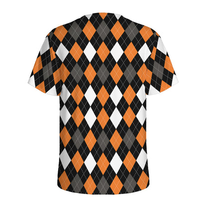 Orange Black Grey And White Argyle Print Men's Sports T-Shirt
