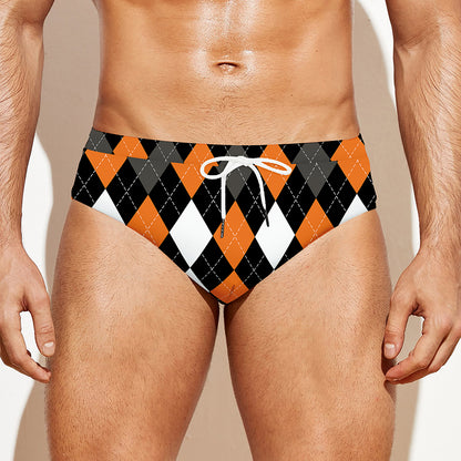 Orange Black Grey And White Argyle Print Men's Swim Briefs