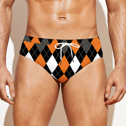 Orange Black Grey And White Argyle Print Men's Swim Briefs