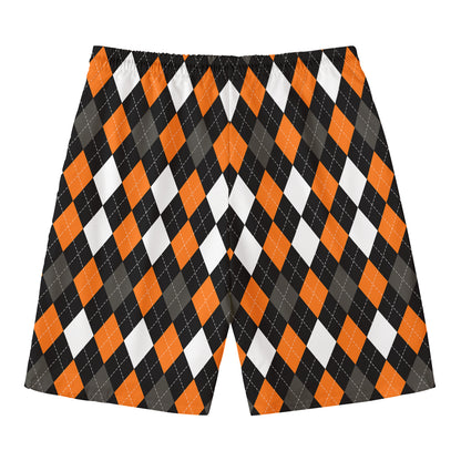 Orange Black Grey And White Argyle Print Men's Swim Trunks