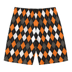 Orange Black Grey And White Argyle Print Men's Swim Trunks