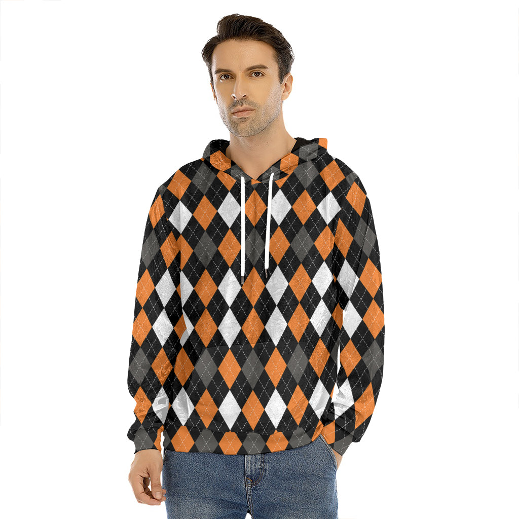 Orange Black Grey And White Argyle Print Men's Velvet Pullover Hoodie