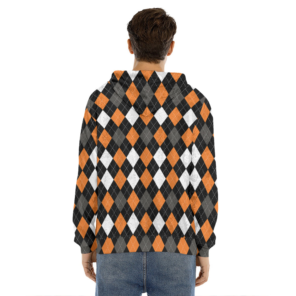 Orange Black Grey And White Argyle Print Men's Velvet Pullover Hoodie