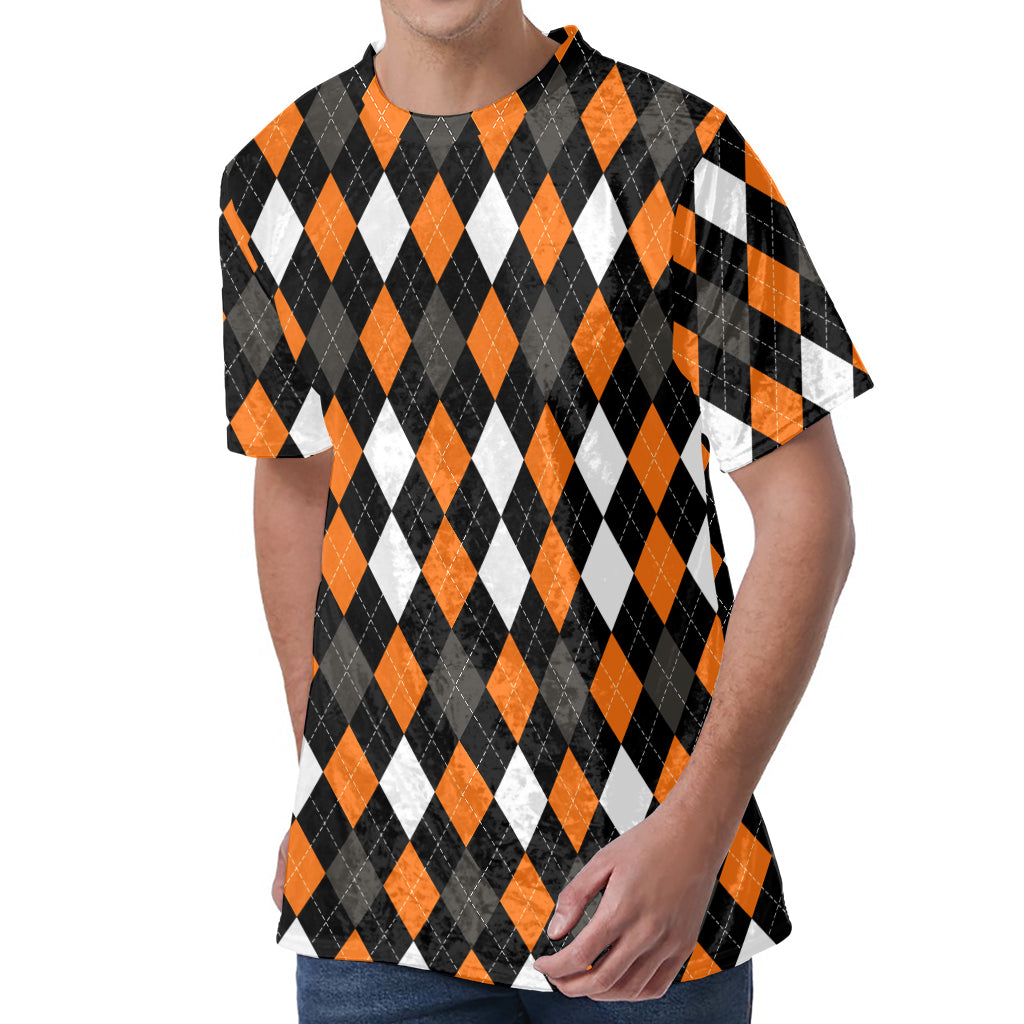 Orange Black Grey And White Argyle Print Men's Velvet T-Shirt