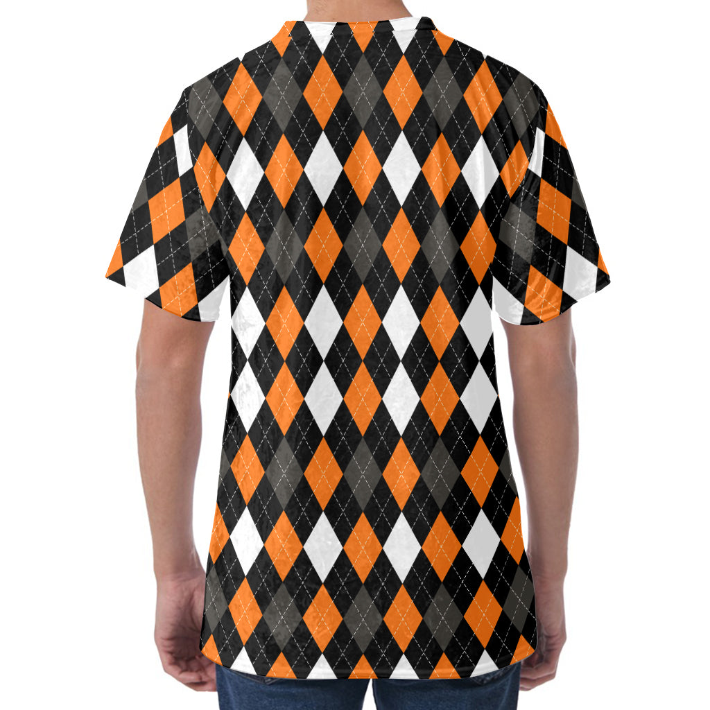 Orange Black Grey And White Argyle Print Men's Velvet T-Shirt