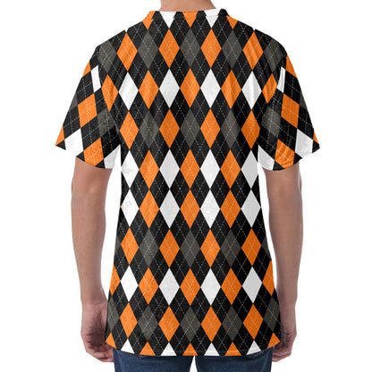 Orange Black Grey And White Argyle Print Men's Velvet T-Shirt