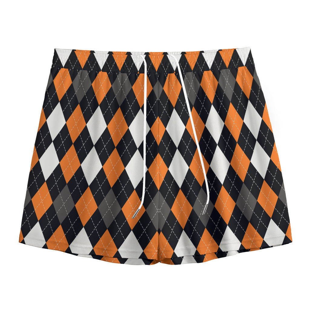 Orange Black Grey And White Argyle Print Mesh Shorts