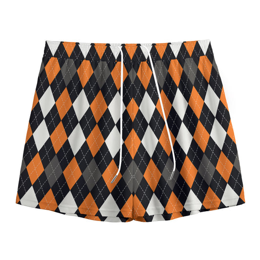 Orange Black Grey And White Argyle Print Mesh Shorts