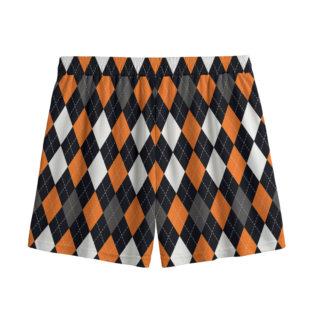 Orange Black Grey And White Argyle Print Mesh Shorts