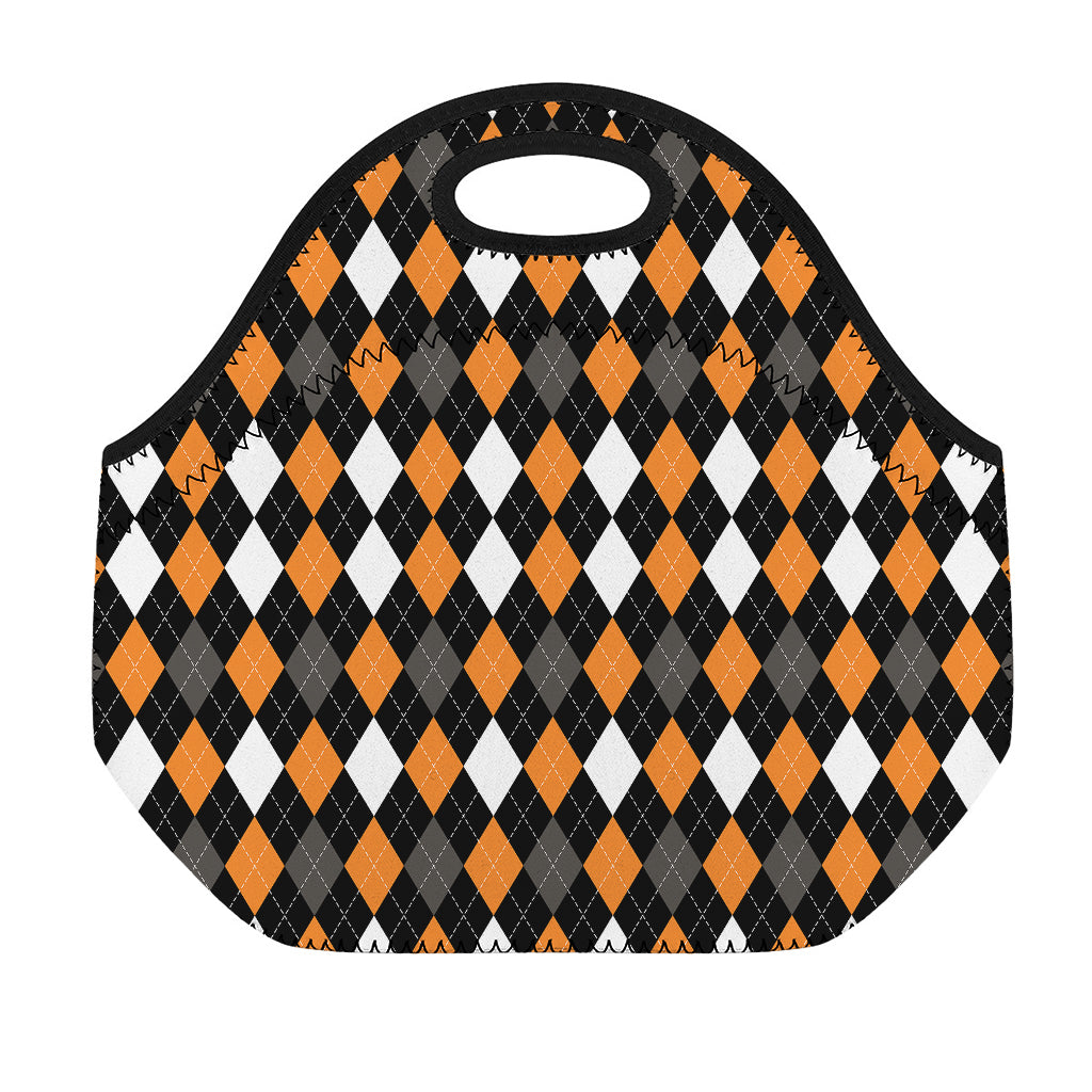 Orange Black Grey And White Argyle Print Neoprene Lunch Bag