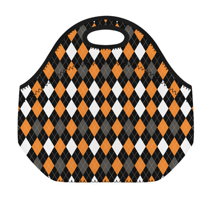 Orange Black Grey And White Argyle Print Neoprene Lunch Bag
