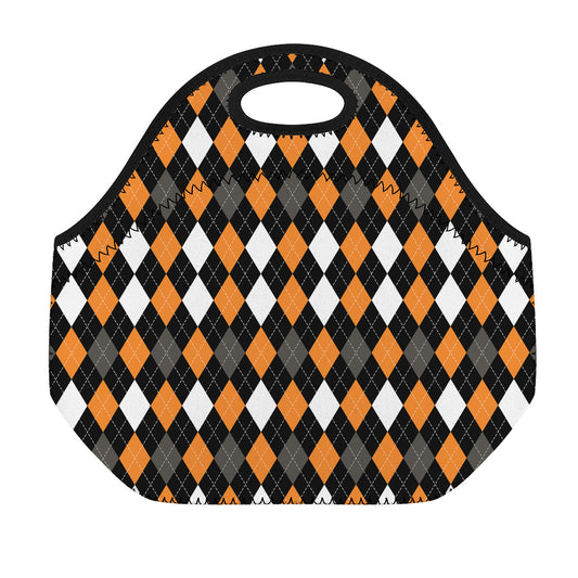 Orange Black Grey And White Argyle Print Neoprene Lunch Bag