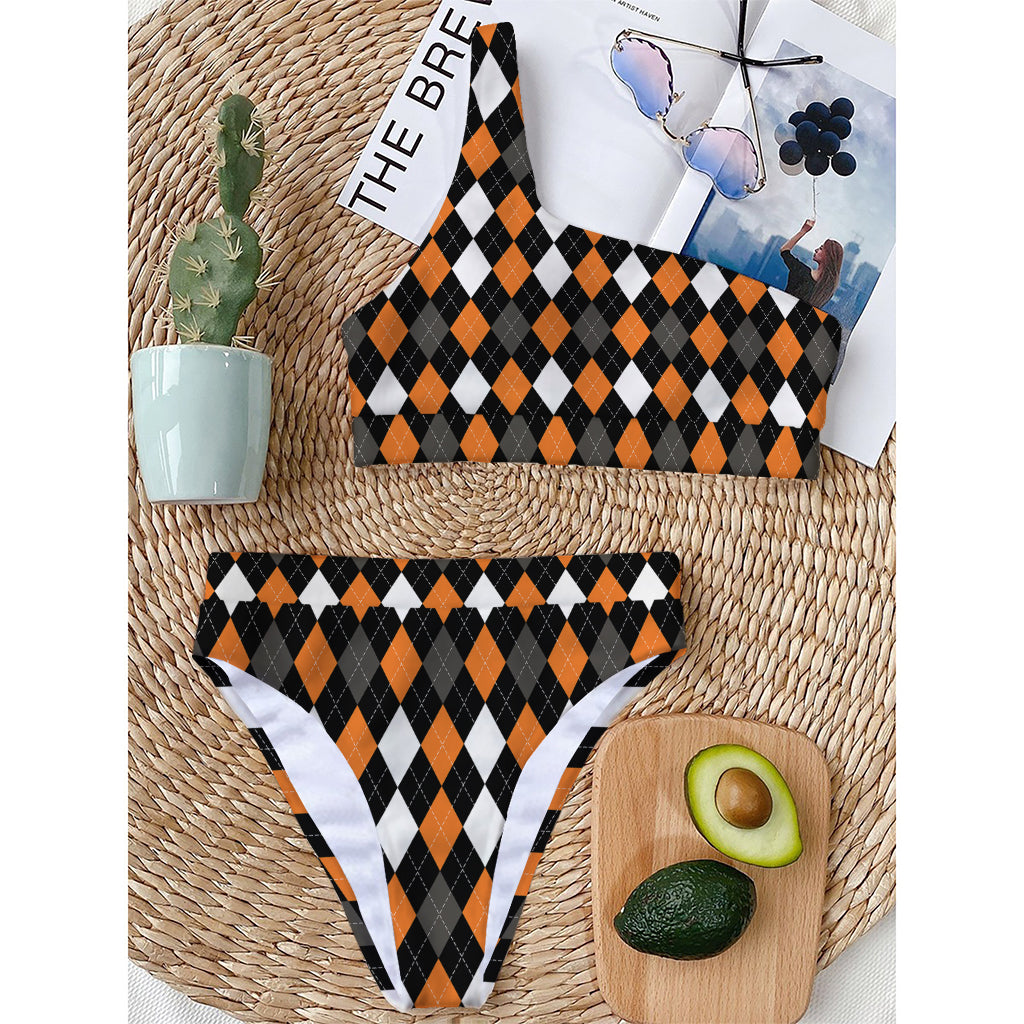 Orange Black Grey And White Argyle Print One Shoulder Bikini Top