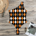 Orange Black Grey And White Argyle Print One Shoulder Bodysuit