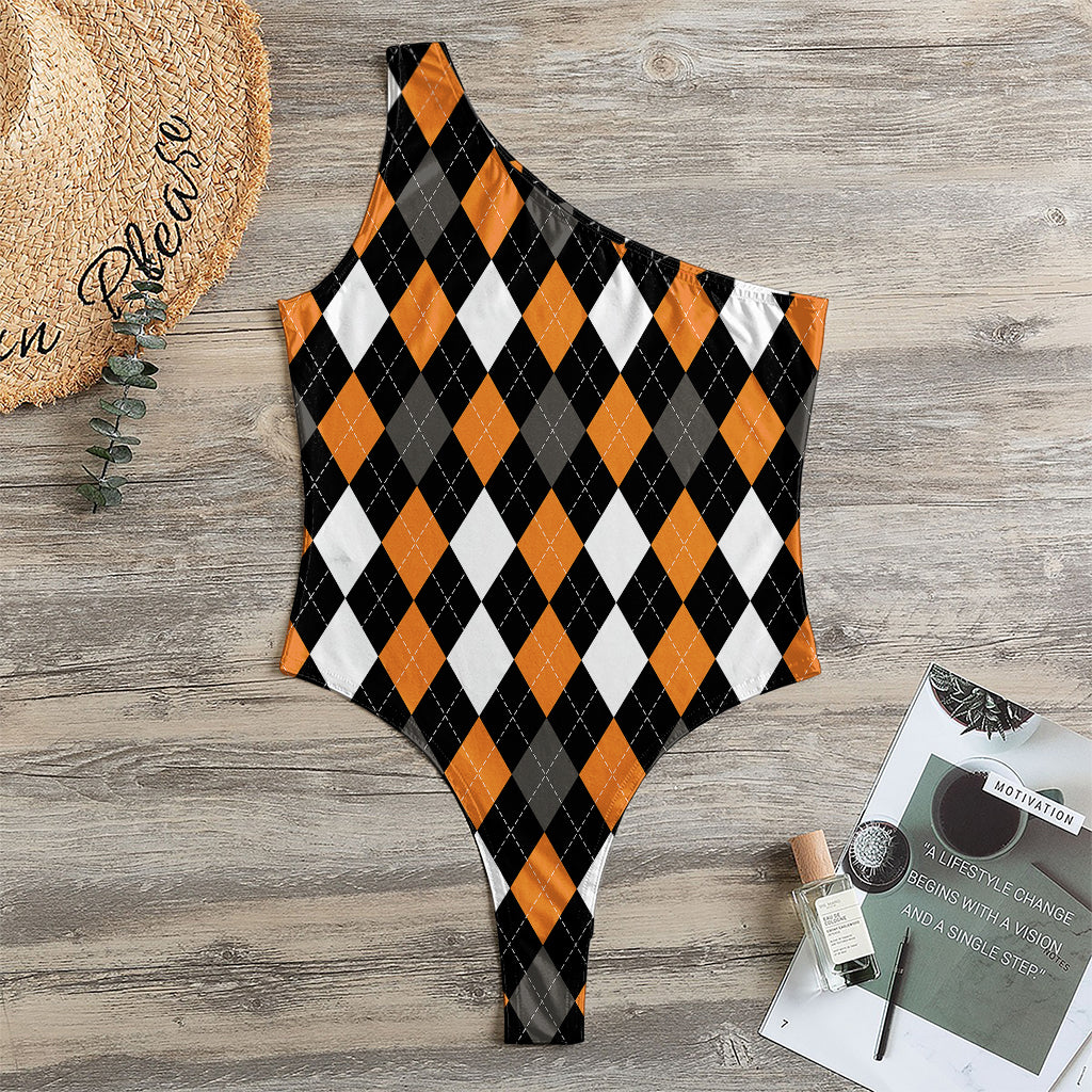 Orange Black Grey And White Argyle Print One Shoulder Bodysuit