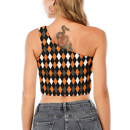 Orange Black Grey And White Argyle Print One Shoulder Crop Top