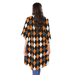 Orange Black Grey And White Argyle Print Open Front Beach Cover Up