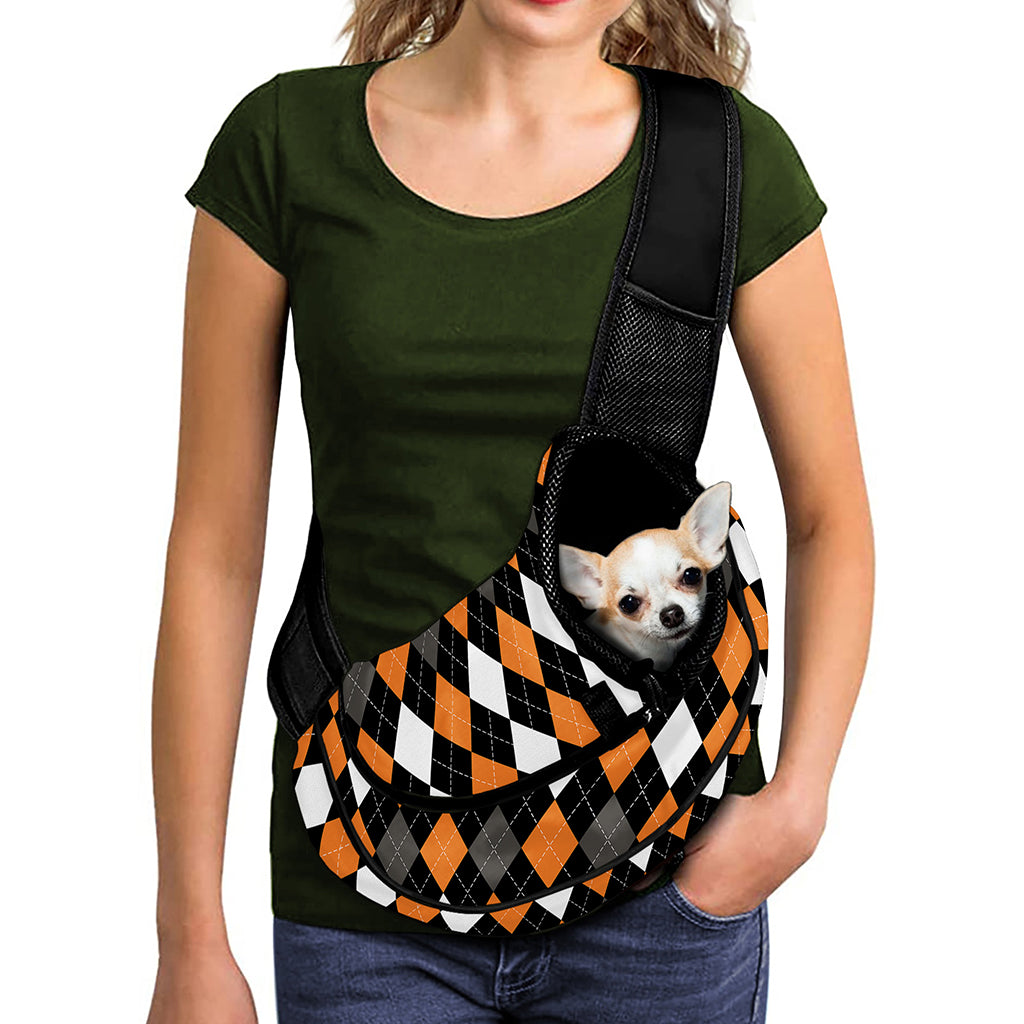 Orange Black Grey And White Argyle Print Pet Sling Carrier
