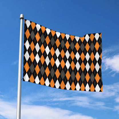 Orange Black Grey And White Argyle Print Polyester Flag