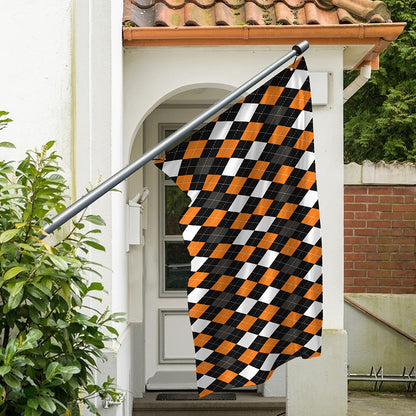 Orange Black Grey And White Argyle Print Polyester Flag