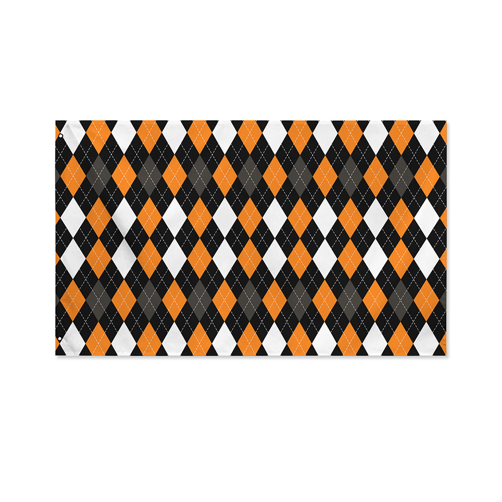 Orange Black Grey And White Argyle Print Polyester Flag