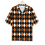 Orange Black Grey And White Argyle Print Rayon Hawaiian Shirt