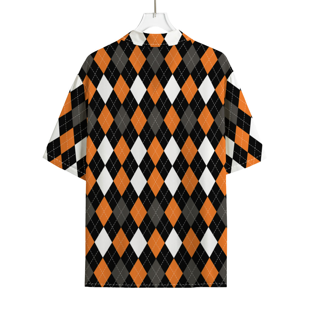 Orange Black Grey And White Argyle Print Rayon Hawaiian Shirt