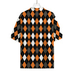 Orange Black Grey And White Argyle Print Rayon Hawaiian Shirt