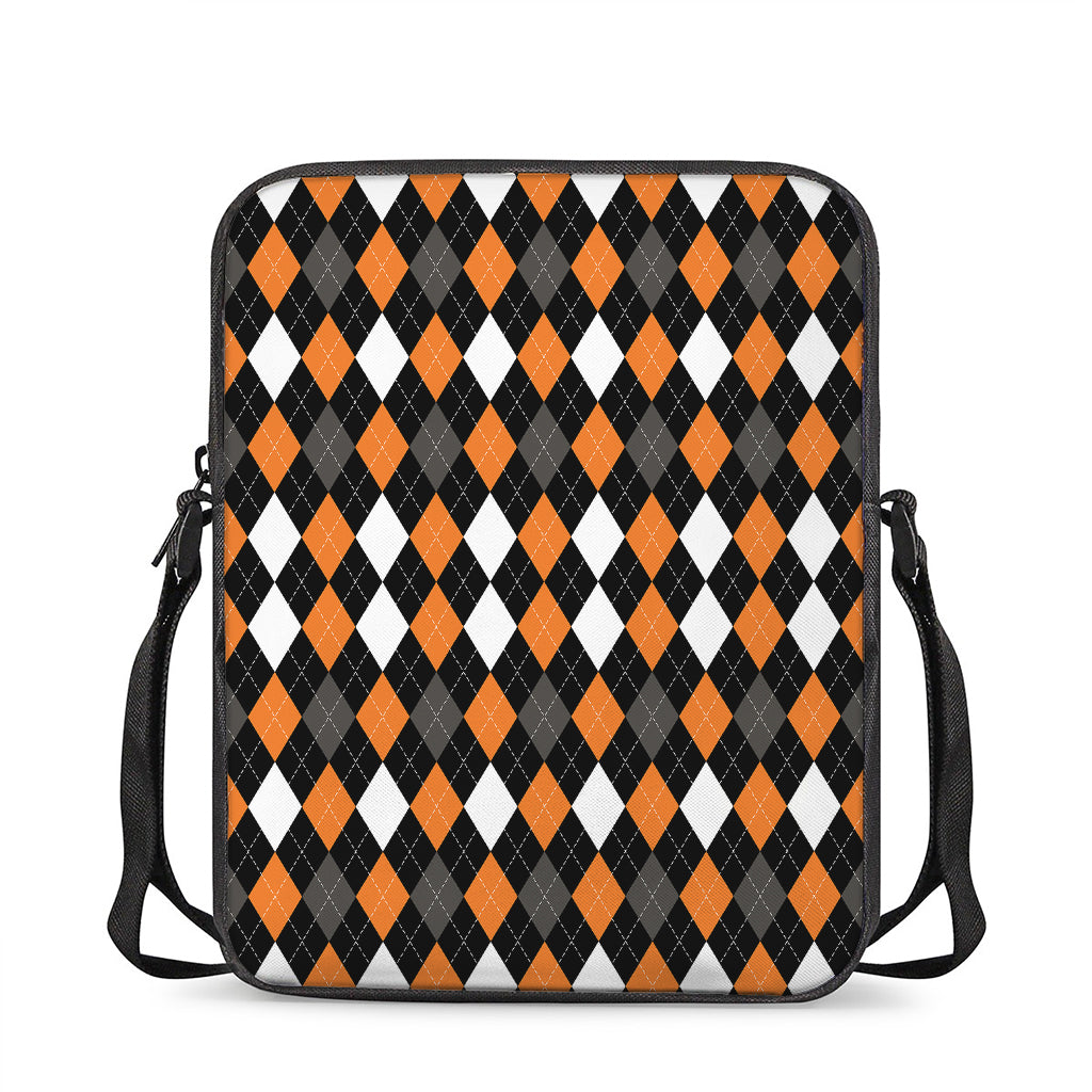 Orange Black Grey And White Argyle Print Rectangular Crossbody Bag