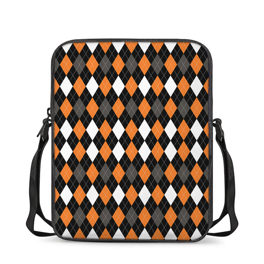 Orange Black Grey And White Argyle Print Rectangular Crossbody Bag