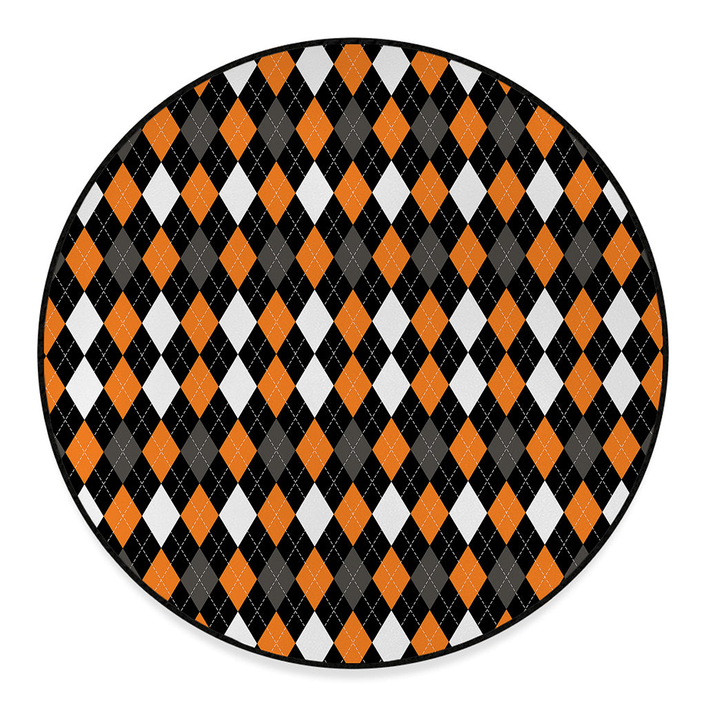 Orange Black Grey And White Argyle Print Round Floor Mat