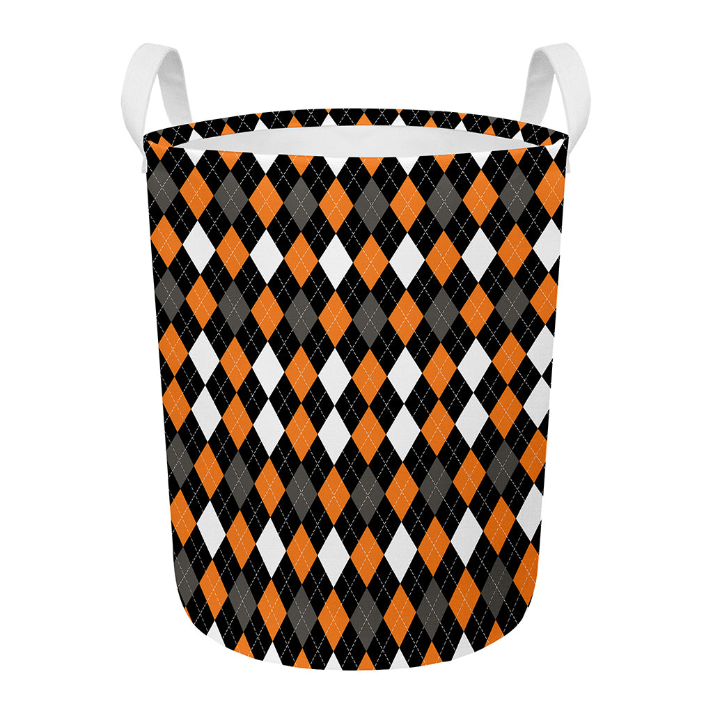 Orange Black Grey And White Argyle Print Round Laundry Basket