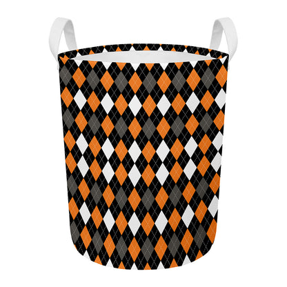 Orange Black Grey And White Argyle Print Round Laundry Basket