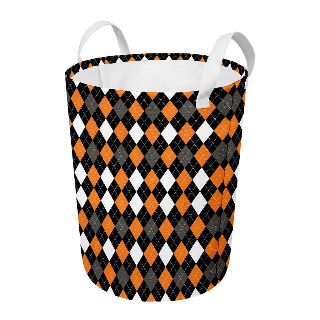 Orange Black Grey And White Argyle Print Round Laundry Basket