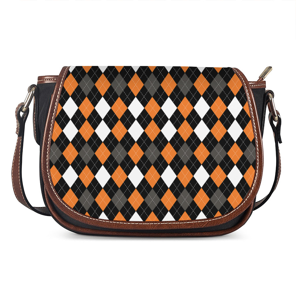 Orange Black Grey And White Argyle Print Saddle Bag