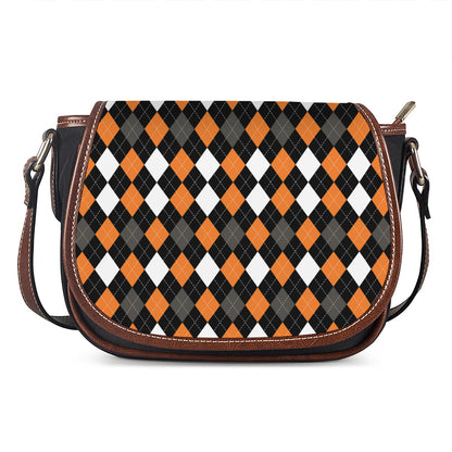 Orange Black Grey And White Argyle Print Saddle Bag