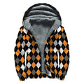 Orange Black Grey And White Argyle Print Sherpa Lined Zip Up Hoodie