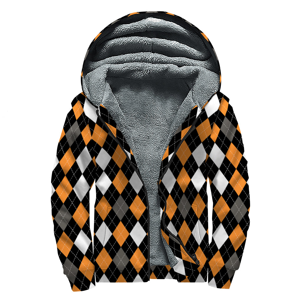 Orange Black Grey And White Argyle Print Sherpa Lined Zip Up Hoodie